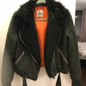 UNIF Olive Green Puffer Jacket with Black Fur Trim